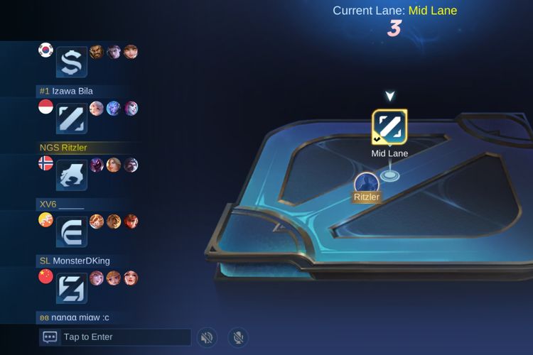 Tampilan pengisian role ketika di dalam pertandingan Ranked di Mobile Legends, dan role ini sudah sesuai dengan apa yang dipilih dan tidak bisa diganti-ganti.