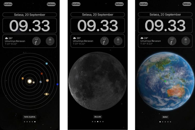 Ilustrasi wallpaper astronomi di iOS 16 yang terdiri dari gambar tata surya, bulan, dan bumi.