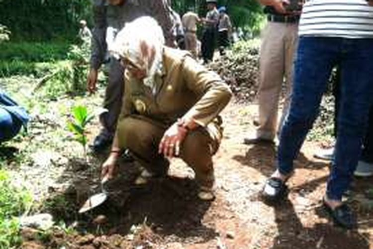 Wakil Bupati Sleman Sri Muslimatun saat menanam bibit pohon sebagai tanda gerakan konservasi mata air di Desa Wonokerto