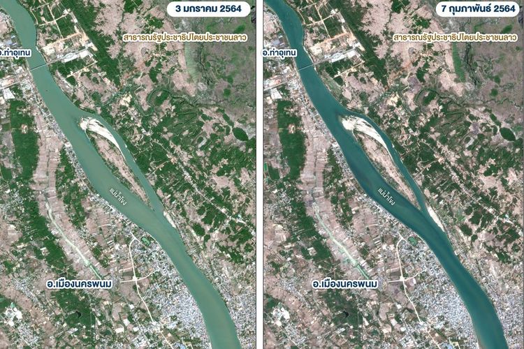 Gambar satelit dari Sungai Mekong di perbatasan Nakhon Pathom-Laos diambil pada Minggu (3/1/2021) gambar kiri, dan Minggu (7/2/2021) kanan.