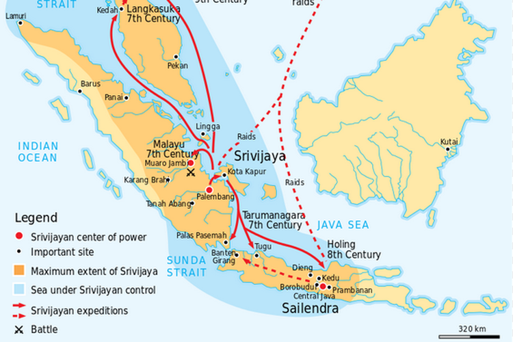 Wilayah kekuasaan Kerajaan Sriwijaya sekitar abad ke-8, membentang dari Sumatera, Jawa Tengah, hingga Semenanjung Malaya. Panah merah menunjukkan rangkaian ekspedisi dan penaklukan Sriwijaya.