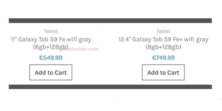 Bocoran harga Galaxy Tab S9 FE dan Galaxy Tab S9 FE Plus di Eropa.