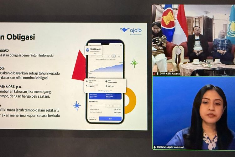 Senior Financial Expert Ajaib Sekuritas memaparkan materi tentang komponen obligasi dalam webinar edukasi investasi bagi WNI di luar negeri.