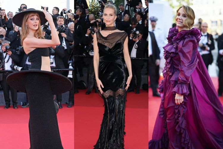 Frédérique Bel (kiri), Poppy Delevingne (tengah), dan Philippine Leroy-Beaulieu (kanan) dalam Cannes Film Festival 2026. Festival Film Cannes 2026 kembali menerapkan aturan busana ketat, termasuk melarang pakaian terlalu terbuka hingga sneakers di karpet merah.