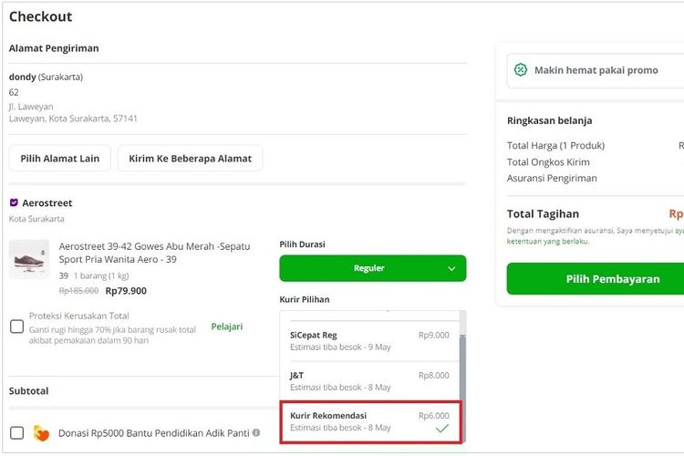 Simulasi pengiriman menggunakan layanan Kurir Rekomendasi di Tokopedia.