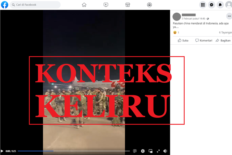 Tangkapan layar unggahan dengan konteks keliru di sebuah akun Facebook, Jumat (3/2/2023), soal video dengan narasi pasukan China datang ke Indonesia.