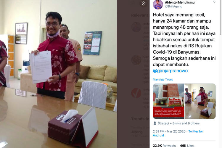Pemilik homestay ini sediakan 24 kamar untuk nakes rumah sakit yang tangani pasien virus corona di Purwokerto