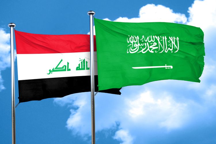 Ilustrasi bendera Irak, bendera Arab Saudi, perbatasan Arar