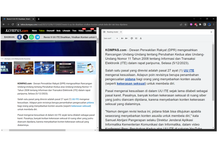 Tampilan jendela reading mode (kanan) dan situs web (kiri) di Google Chrome. Jendela reading mode memungkinkan pengguna membaca teks tanpa terganggu dengan iklan, foto, atau bahkan video pop-up yang kerap menggangu visibilitas teks.