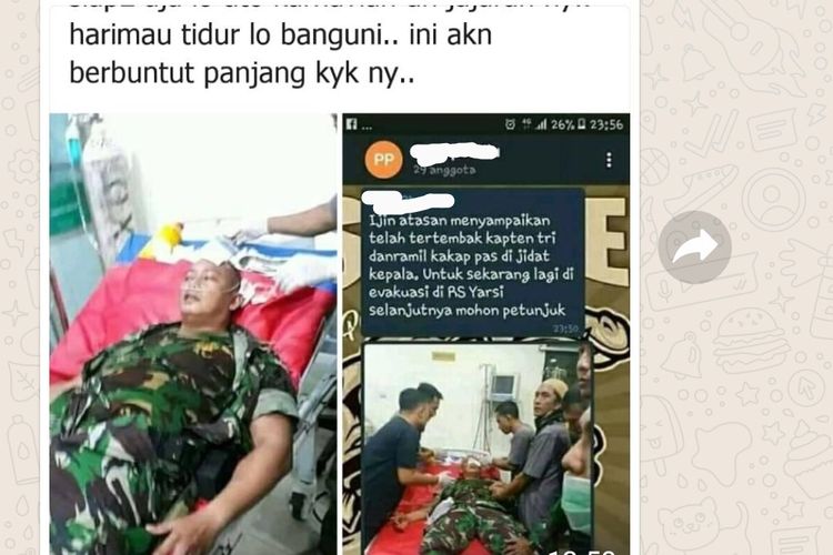 Tangkapan layar hoaks jidat Danramil Sungai Kakap Kapten Arm Tri S tertembak