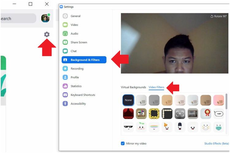 Cara mengakses fitur Video Filters di Zoom.