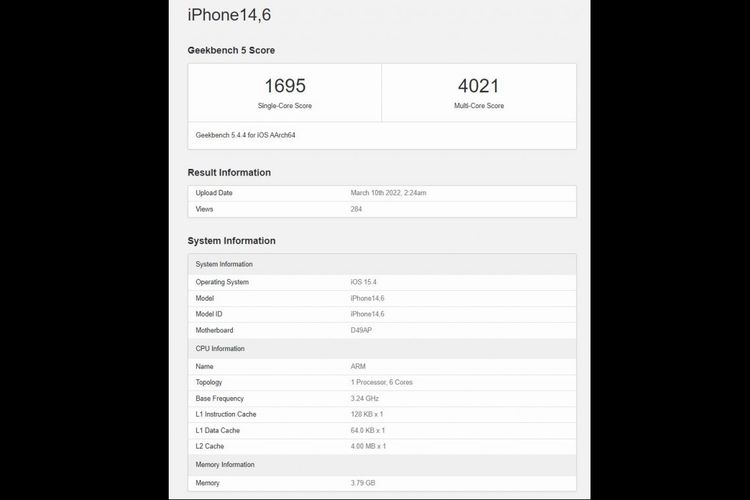 Skor Geekbench iPhone SE 2022