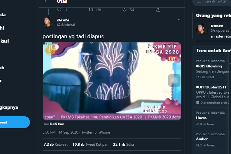 Tangkapan layar video mahasiswa baru di Unesa yang tidak pakai ikat pinggang kena marah panitia PKKMB Unesa.