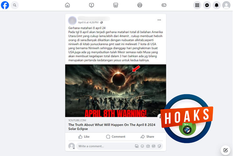 Tangkapan layar konten hoaks di sebuah akun Facebook, Sabtu (6/4/2024), soal gerhana Matahari Senin (8/4/2024) akan terlihat di tujuh Kota Niniwe, AS.