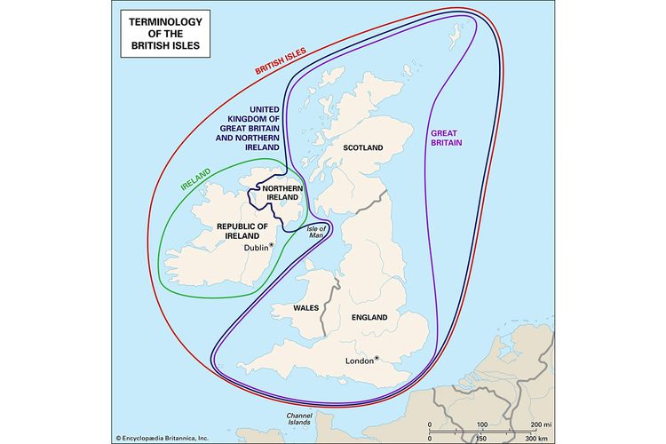 Ilustrasi perbedaan wilayah United Kingdom dan Britania Raya.