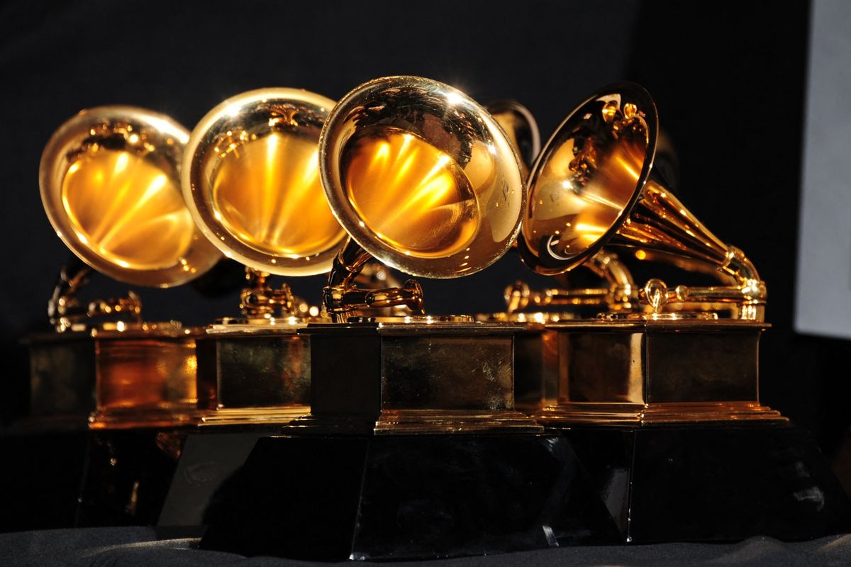 The six trophies for Adele are displayed backstage at the 54th Grammy Awards in Los Angeles, California, February 12, 2012. AFP PHOTO/  FREDERIC J. BROWN (Photo by FREDERIC J. BROWN / AFP)