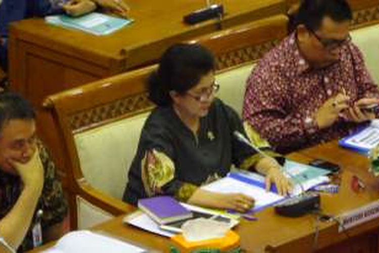 Menteri Kesehatan, Nila Moeloek dalam rapat kerja bersama Komisi IX DPR di Kompleks Parlemen, Senayan, Jakarta, Senin (27/6/2016)