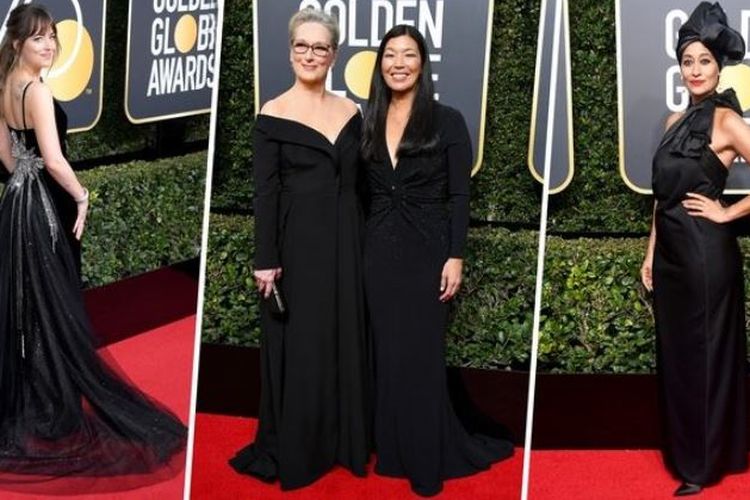 Para aktris sepakat untuk memakai busana berwarna hitam di ajang Golden Globe 2018.