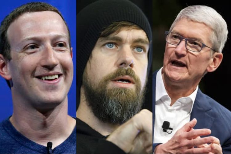 Pendiri dan CEO Facebook Mark Zuckerberg (kiri), pendiri dan CEO Twitter Jack Dorsey (tengah), dan CEO Apple Tim Cook (kiri).