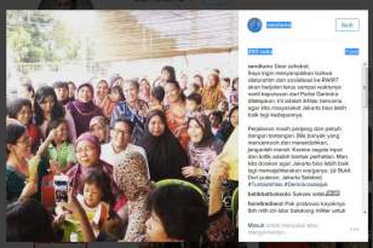 Sandiaga Uno mengunggah foto dengan sejumlah warga dalam akun Instagramnya. Ia menegaskan akan terus bersosialisasi dengan warga terkait pencalonannya sebagai gubernur DKI Jakarta. 