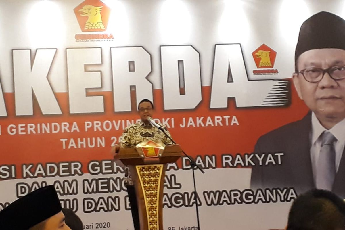 Gubernur DKI Jakarta Anies Baswedan saat memberikan sambutan dalam acara rapat kerja daerah (rakerda) DPD Partai Gerindra DKI Jakarta di Hotel Grand Sahid Jaya, Jakarta Pusat, Minggu (26/1/2020).