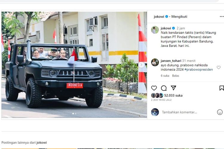 Menteri Pertahanan Prabowo Subianto dan Presiden RI Joko Widodo mengendarai Maung generasi terbaru