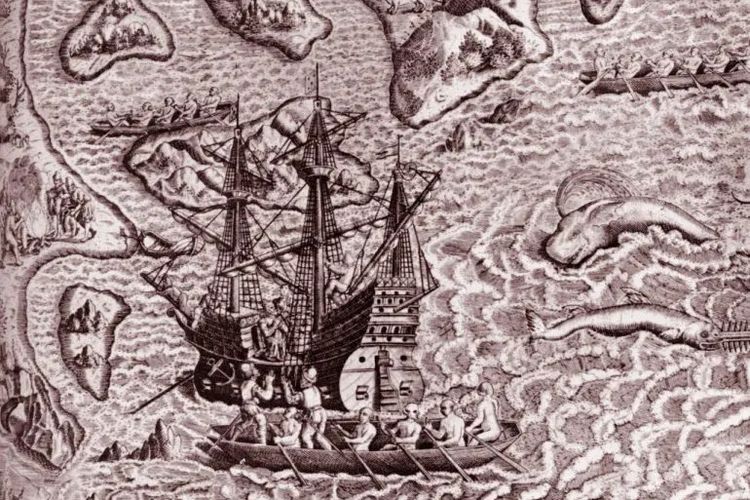 Ilustrasi Kapal Cabral tiba di Porto Seguro di pesisir Brasil pada 22 April 1500
