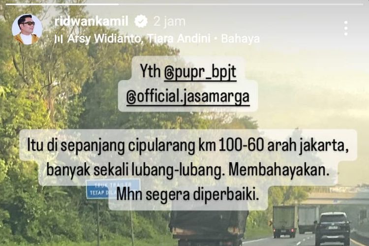 Tangkapan layar Instagram Story Ridwan Kamil soal Tol Cipularang yang berlubang, Jumat (12/1/2024).