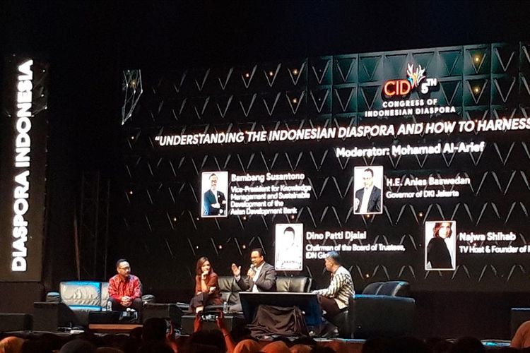 Gubernur DKI Jakarta Anies Baswedan ketika menjadi pembicara di Kongres Diaspora ke-5 di Kasablanka Hall, Jaksel, Sabtu (10/8/2019).