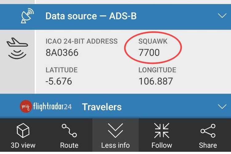 Squawk 7700 di penerbangan JT330 Lion Air yang alami gangguan api di mesin pesawat saat di udara, Rabu (26/10/2022).