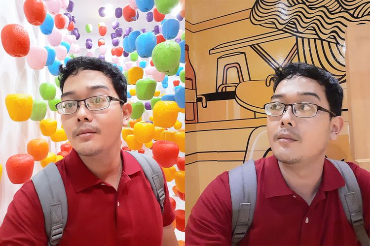 Foto selfie dengan Galaxy M20. Apabila cahaya masih cukup, kamera depan Galaxy M20 (8 megapiksel) masih bisa diandalkan untuk menjepret selfie. Namun, jika agak gelap, maka hasilnya lekas buram karena efek noise reduction.