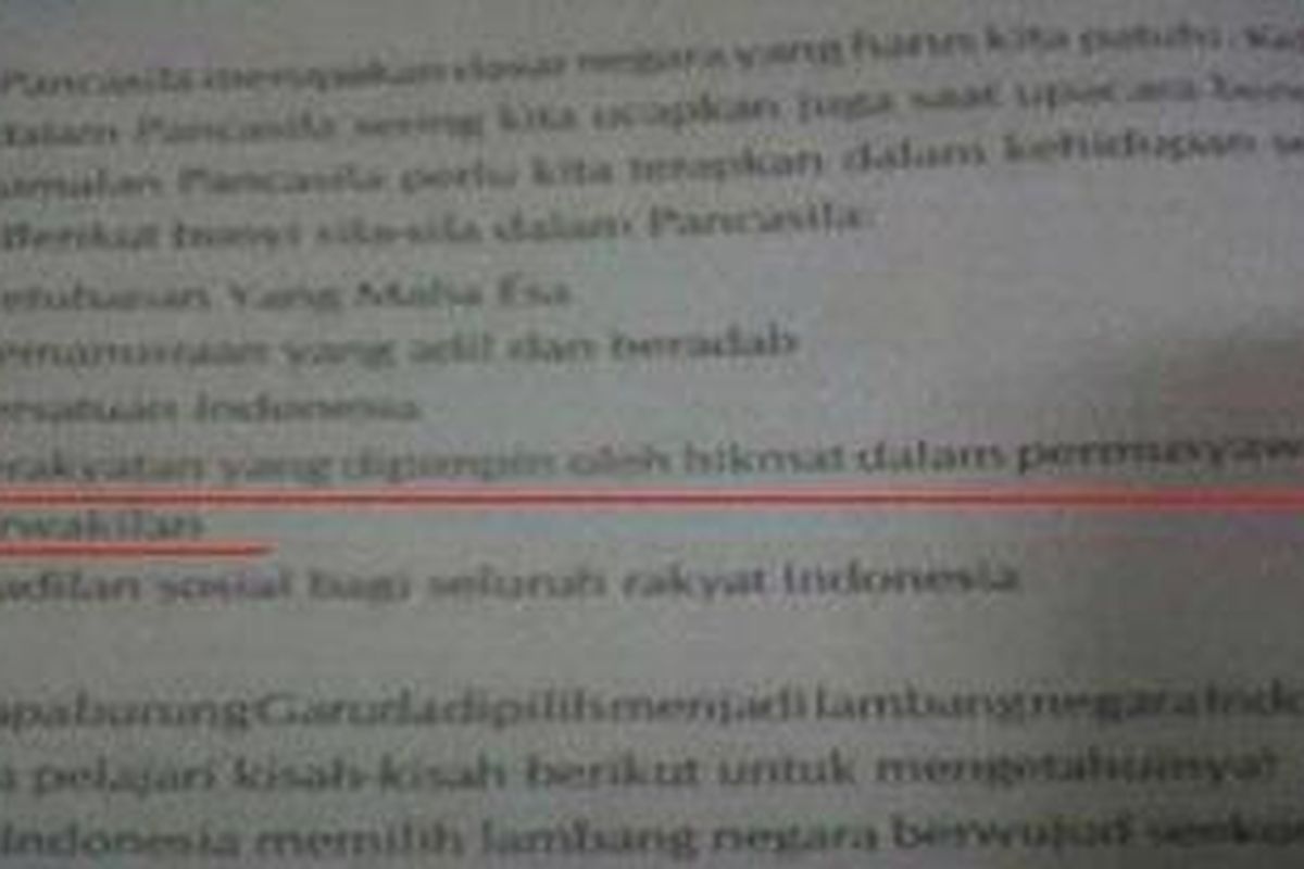 Kesalahan cetak pada sila keempat Pancasila yang terdapat pada buku "Pancasila Dasar Negaraku, Bhinneka Tunggal Ika Semangatku". Buku ini beredar di SD-SD di Kabupaten Gunung Kidul, Bantul, dan Sleman, DI Yogyakarta. 