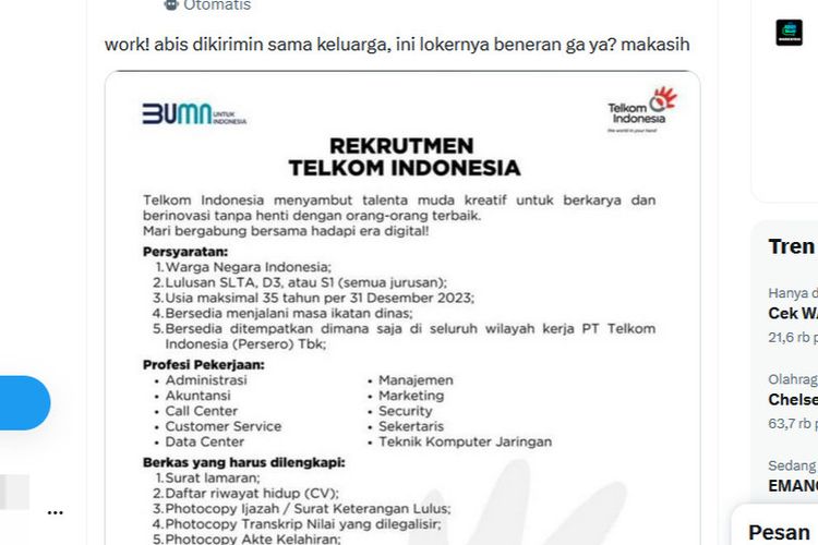Tangkapan layar rekrutmen Telkom Indonesia palsu.