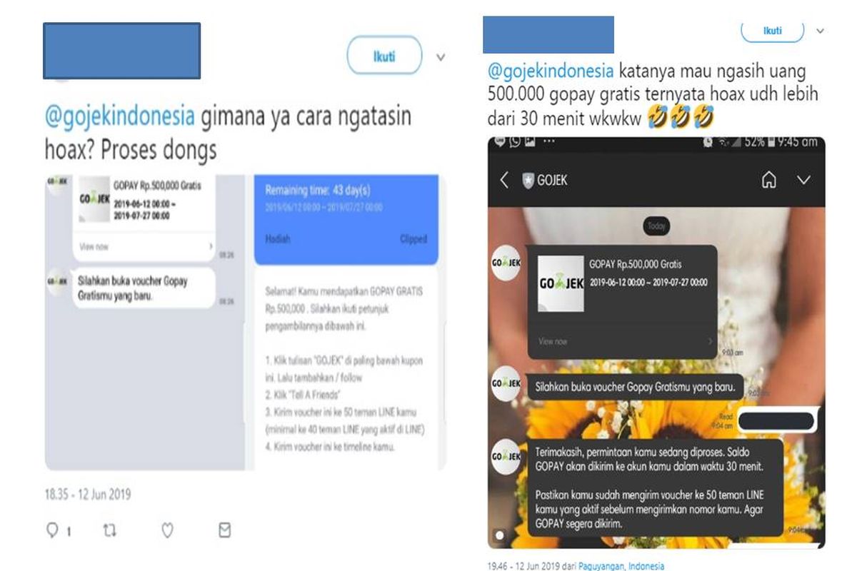 Tangkapan layar informasi palsu bahwa GO-JEK memberikan GOPAY secara cuma-cuma