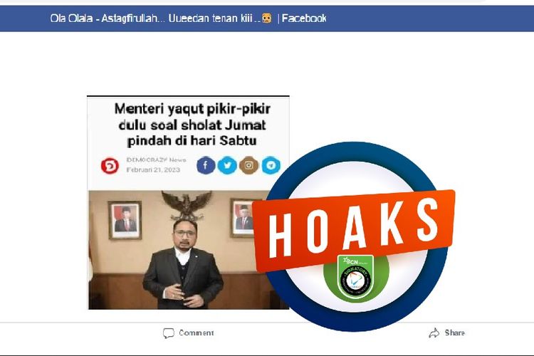 Tangkapan layar Facebook narasi yang menyebut bahwa Menag Yaqut Cholil Qoumas mempertimbangkan untuk mengganti shalat Jumat di hari Sabtu.