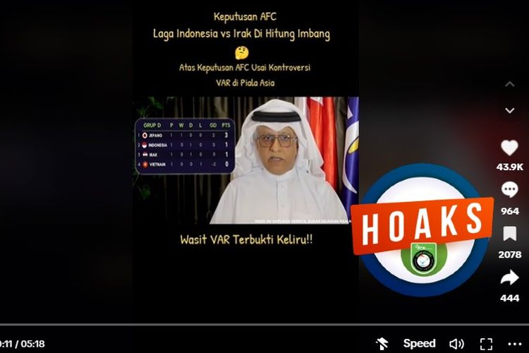 Tangkapan layar TikTok narasi yang menyebut AFC memutuskan pertandingan Indonesia dan Irak berakhir imbang