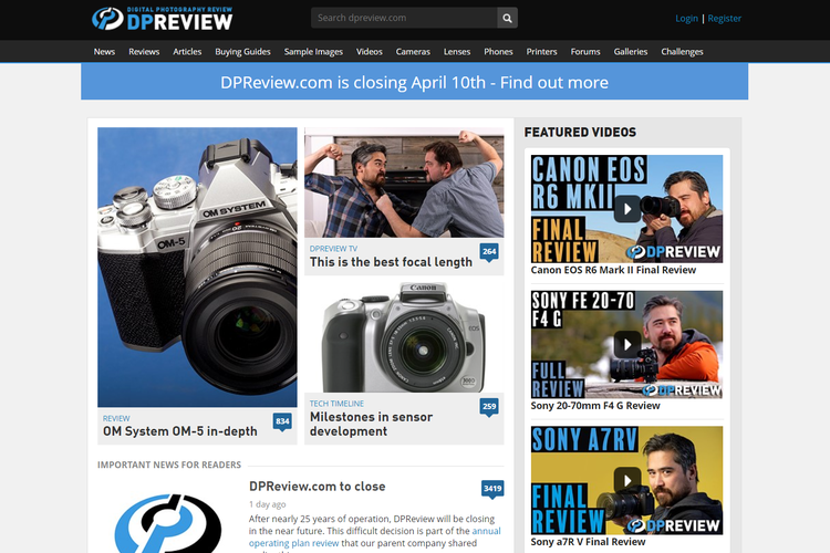 Situs Digital Photography Review (DPReview) dimatikan 10 April 2023.