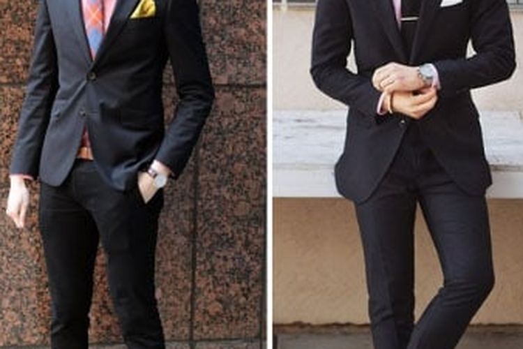 jas hitam dengan kemeja pink