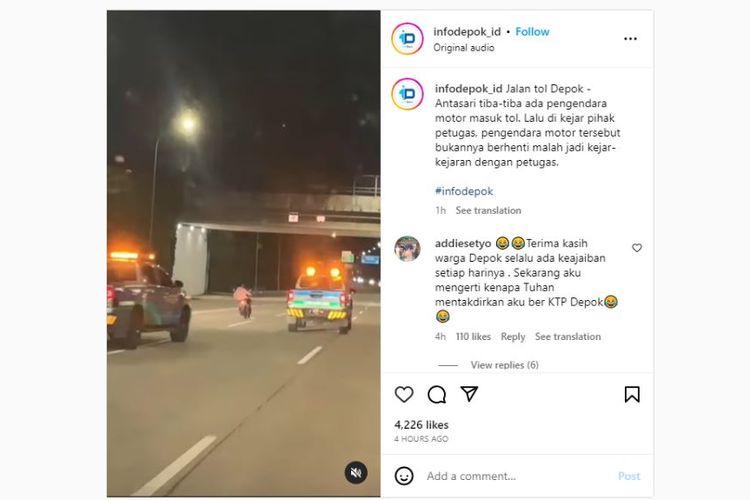 Pengendara motor masuk jalan tol Depok-Antasari hingga dikejar petugas tol dan petugas kepolisian