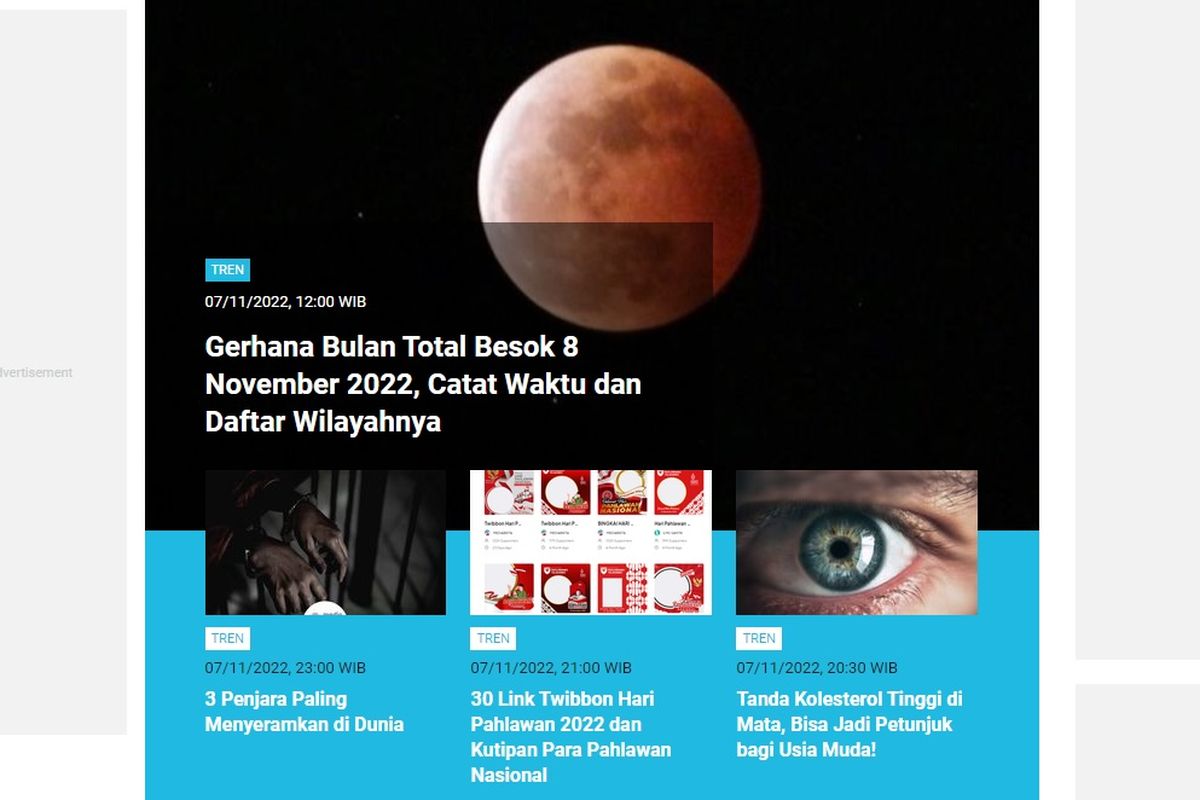 Tangkapan layar berita populer di laman Tren sepanjang Senin (7/11/2022) hingga Selasa (8/11/2022) pagi.