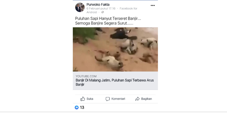 Tangkapan layar unggahan Facebook soal sapi hanyut di banjir bandang yang terjadi di Malang, Jawa Timur