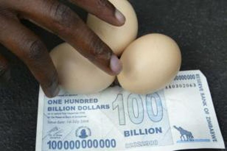 Nilai uang dolar Zimbabwe sangat jatuh yang dipicu hiperinflasi beberapa tahun lalu. Akibatnya uang sebesar 100 miliar dolar Zimbabwe hanya bisa untuk membeli tiga butir telur.