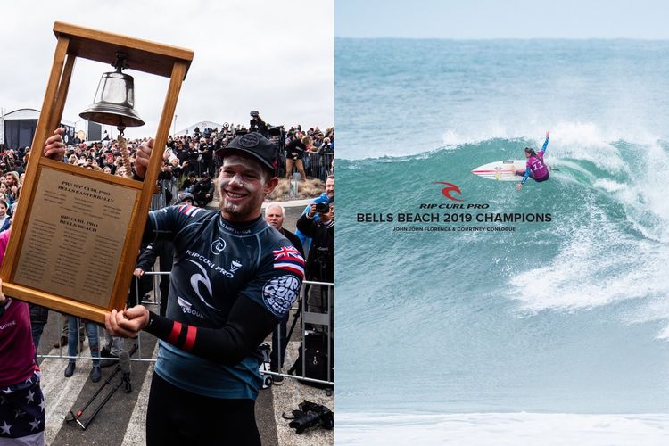 Peselancar Amerika Serikat Courtney Conlogue dan John John Florence dari Hawai berhasil menjuarai Rip Curl Pro Bells Beach 2019, Sabtu (27/4/2019).
