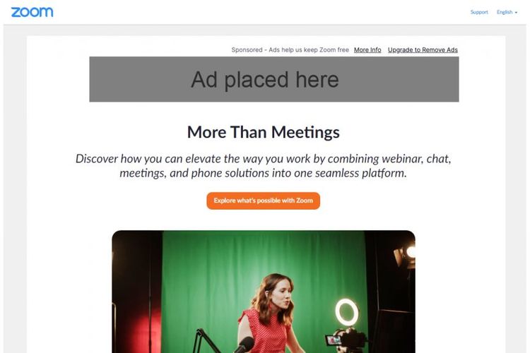 Tampilan posisi iklan yang bakal dimunculkan Zoom kepada pengguna gratisan.
