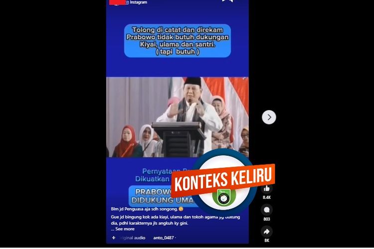 Tangkapan layar Facebook narasi yang menyebut Prabowo menyesal didukung umat Islam