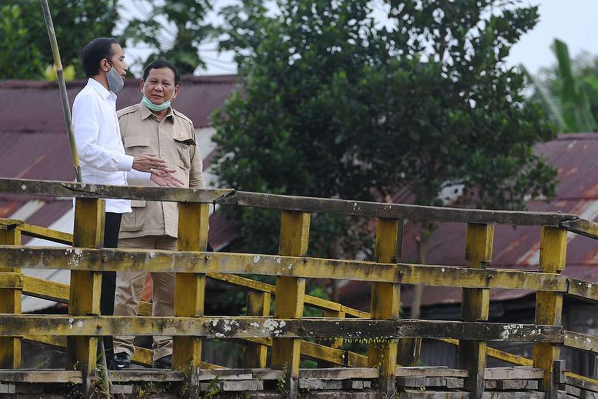 Presiden Joko Widodo (kiri) berbincang dengan Menteri Pertahanan Prabowo Subianto saat meninjau lahan yang akan dijadikan Food Estate atau lumbung pangan baru di Pulang Pisau, Kalimantan Tengah, Kamis (9/7/2020). Pemerintah menyiapkan lumbung pangan nasional untuk mengantisipasi krisis pangan dunia.