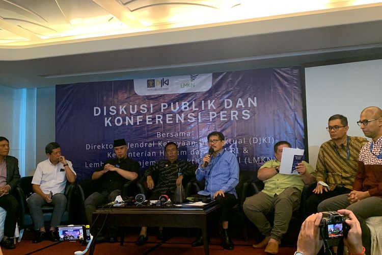 LMKN menggelar konferensi pers di kawasan Rasuna Said, Jakarta Selatan, Kamis (6/4/2023). LMKN resmi membentuk Sistem Administrasi Pelisensian Online guna meminimalisir permasalahan royalti musik antara pencipta lagu dan penyanyi.