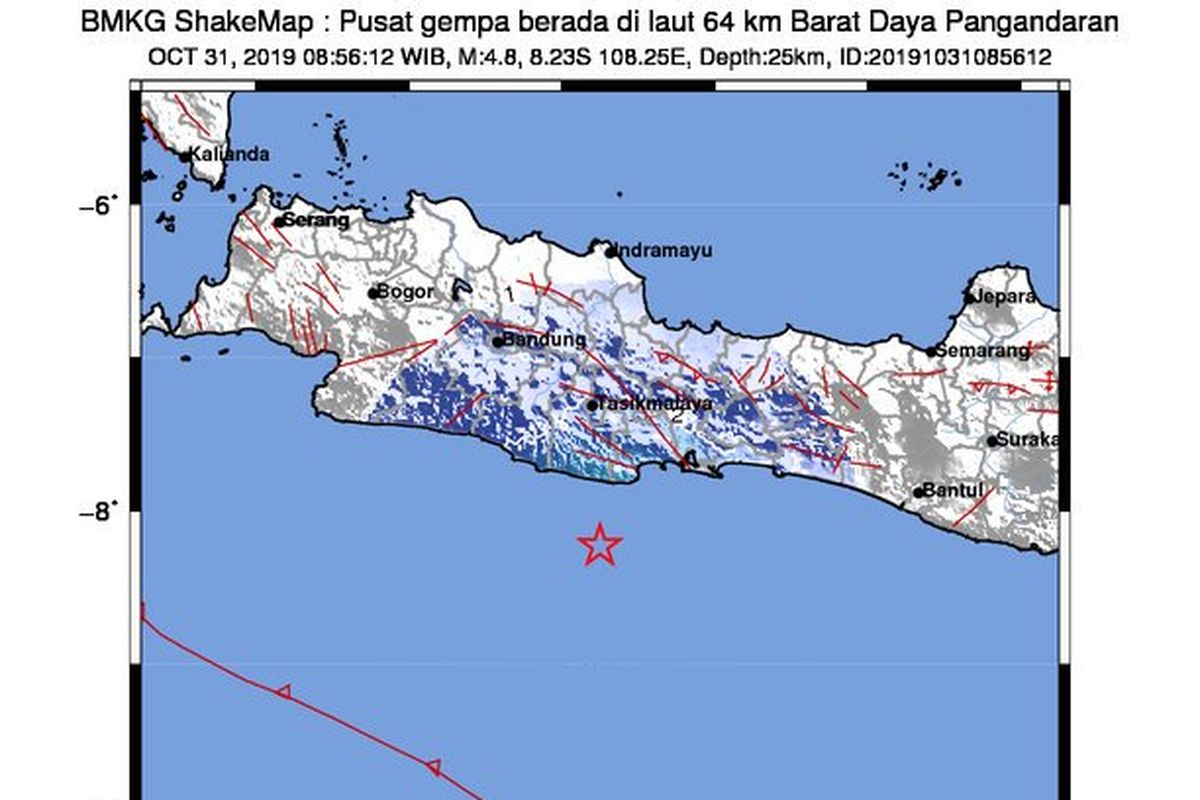 Gempa Pangandaran M 4,8, terjadi pada Kamis (31/10/2019) pukul 8.56 WIB. Tidak berpotensi tsunami.