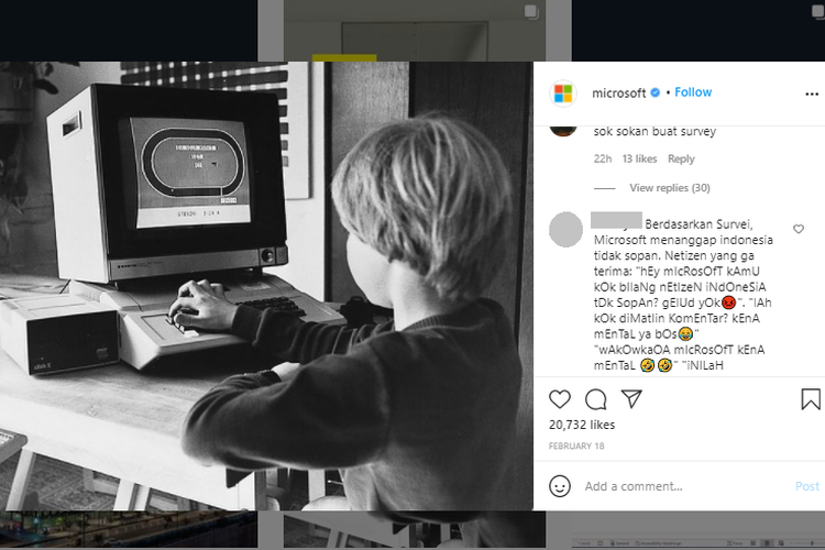 Tangkapan layar di kolom komentar salah satu unggahan Microsoft lainnya yang dibanjiri komentar negatif berbahasa Indonesia.