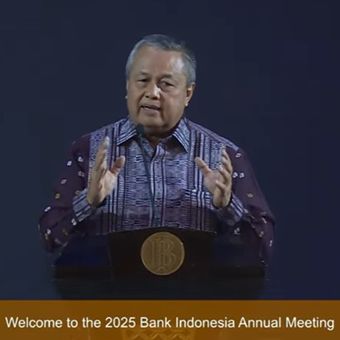 Gubernur Bank Indonesia Perry Warjiyo saat memberikan sambutan di Pertemuan Tahunan Bank Indonesia (PTBI) 2025 Jumat (28/11/2025). 